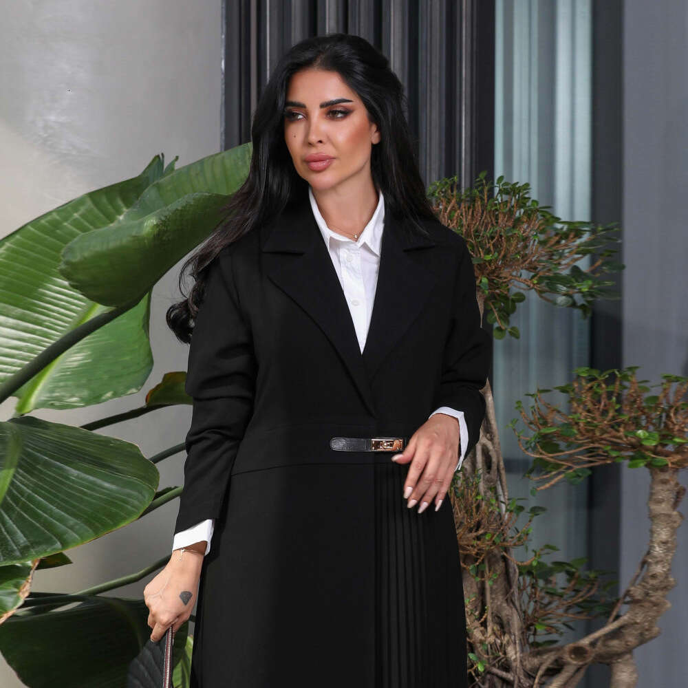 Mq115 Abaya Cardigan Robe Pleated Coat Muslim Arabic Fashion Leather Buttons B5