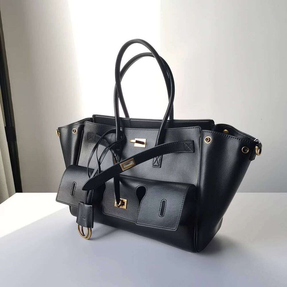 New Genuine Leather Capacity Women's Dark Motorcycle Tote Large Square Buckle Underarm Bag Multi-Pocket Women