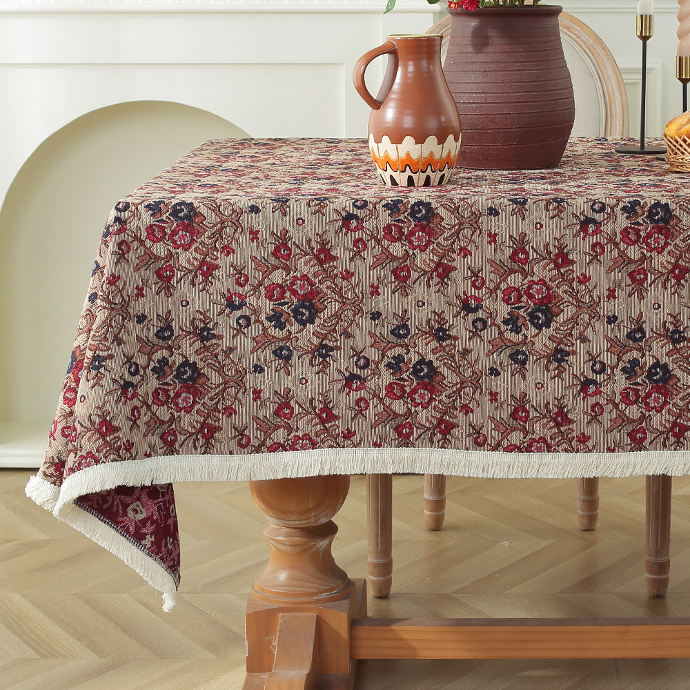 T0507 New Retro Oil Painting Style Tablecloth TV Cabinet Cover American Jacquard Cotton and Linen Cover Cloth Household Rectangular Tablecloth