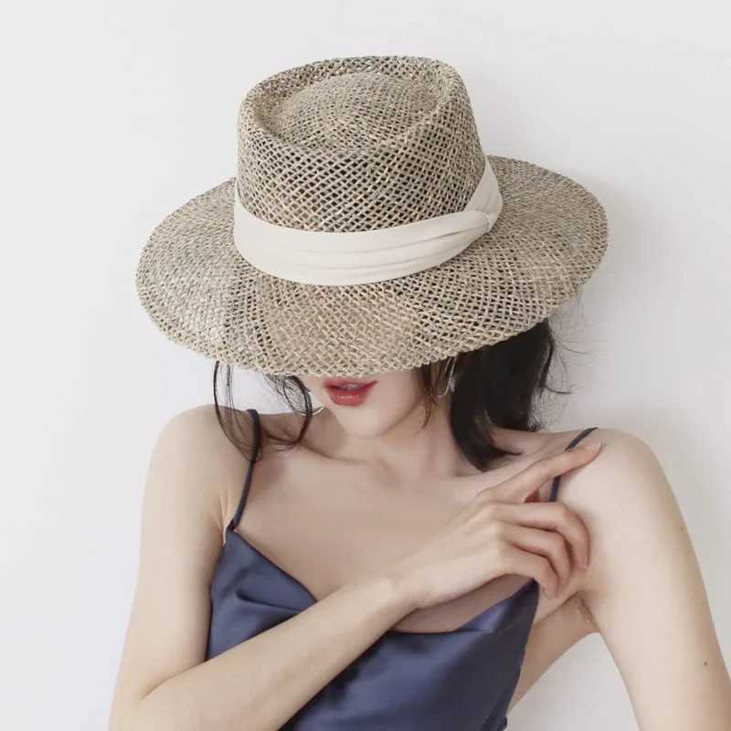 100% Natural Grasses Straw Hat Women 2025 Summer Wide Brim Travel Beach Sun Hat Black Ribbon Protection Visor Cap Panama Sunhat W250602