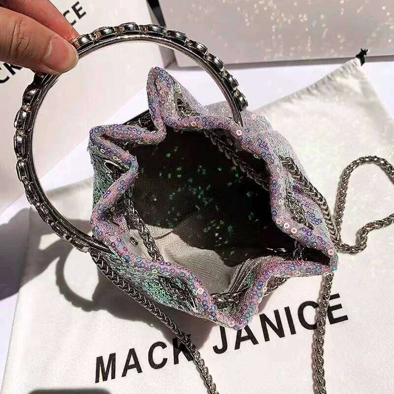 Wedding Party Clutch Purse String Bucket Glitter Shiny Sequins Evening Women's Handbag Female Shoulder Crossbody Bag