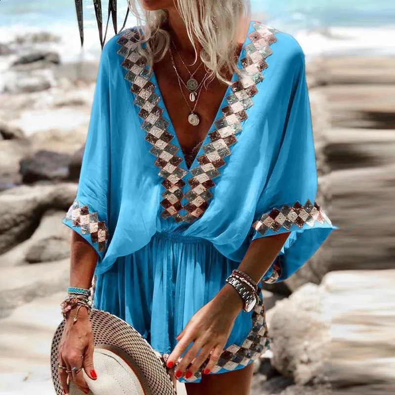 Sexy V Neck Bohemian Print Jumpsuit Office Lady Summer Casual Short Wide Leg Jumpsuits For Women Colorful One Piece Rompers 250528
