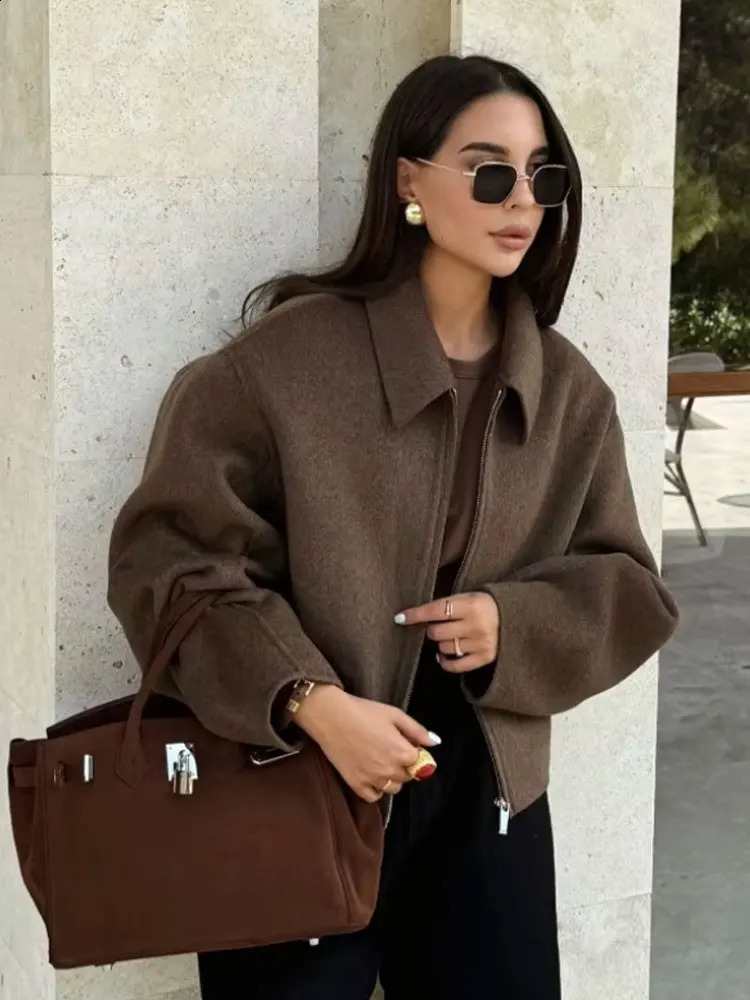 TRAFZA Womens Spring Street Outerwear Solid Color Fashion Long Sleeved Lapel Zipper Pocket Tweed Jacket Causal Coats 250530