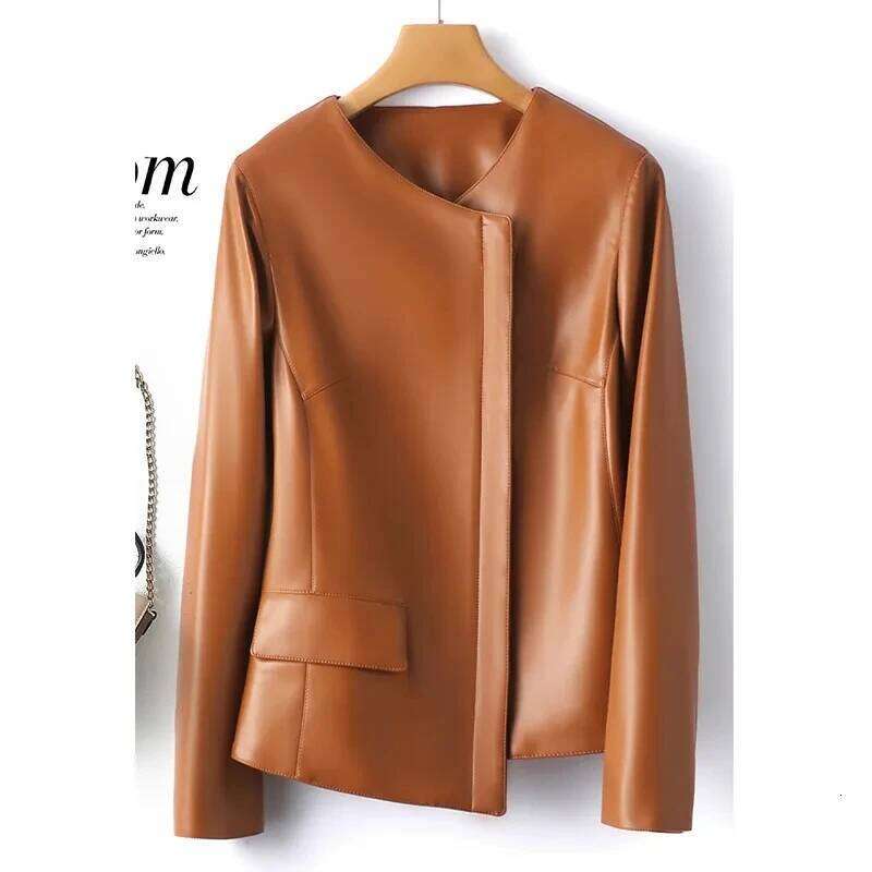 2023 Fashion Irregular Zipper Sheepskin Jackets for Women Casual Beige Long Sleeve Slim Ladies Chic Split Leather Jacket Coats