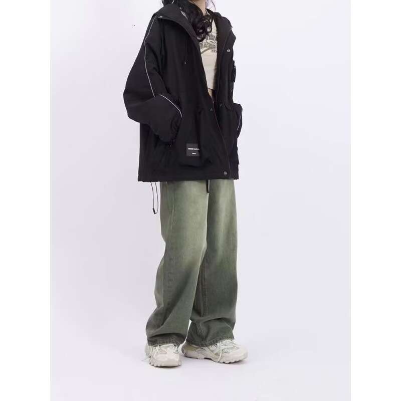 American Style Green Jeans For Women, Autumn Winter Vibe, Straight High Waist, Slimming, Loose Wide Leg, Floor-Length Pants, Trendy B5
