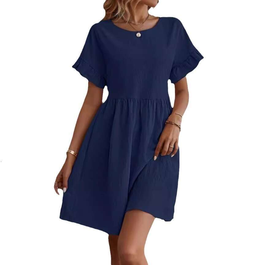 Women's New Fashion Elegant Round Neck Loose Cotton Linen Dress B5