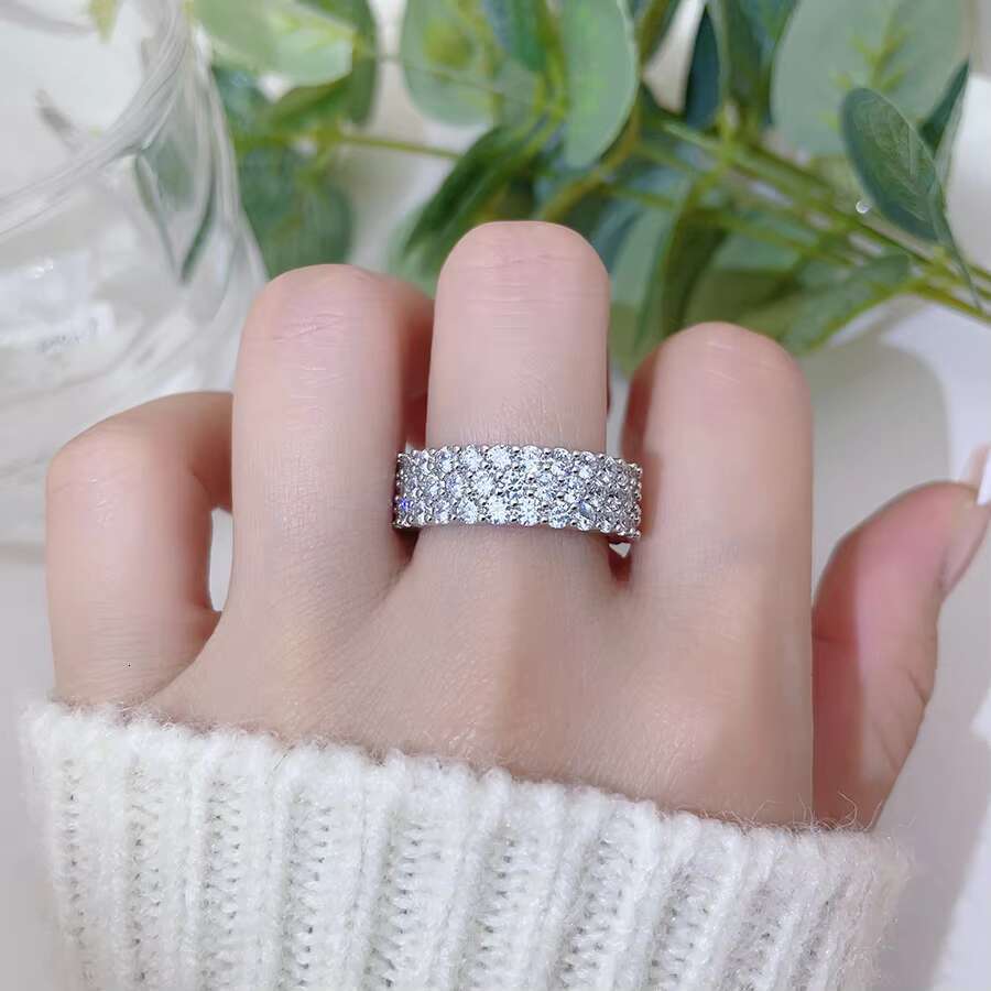 FOXI 3 Row Moissanite Diamond Eternity Band Ring Platinum Plated Hip Hop 925 Sterling Silver VVS Moissanite Diamond Fine Rings
