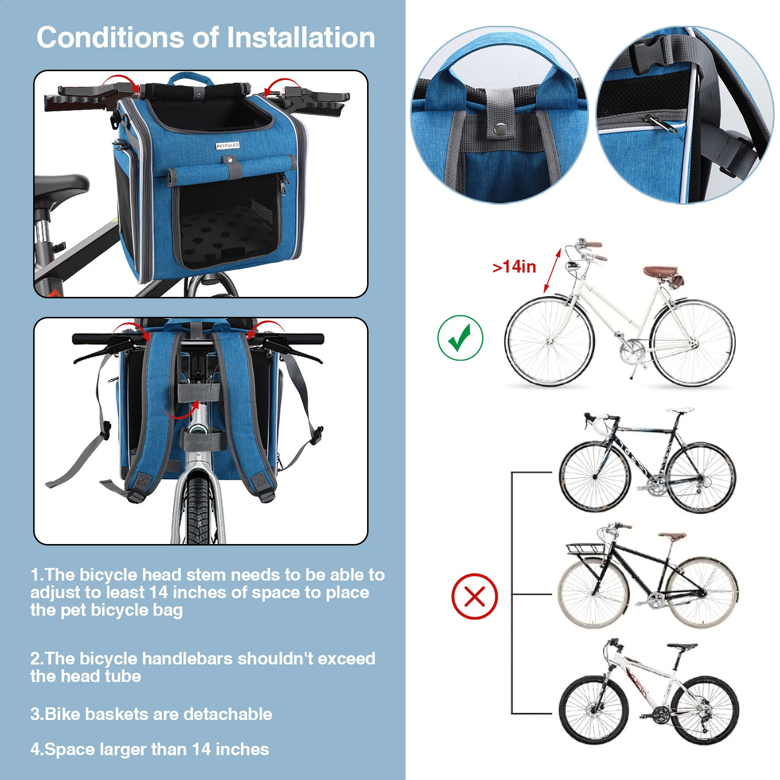 PETFULED Dog or Cat Bike Basket Blue Expandable Soft Sided Pet Backpack with 4 Open Doors Foldable Dog Bike 250526