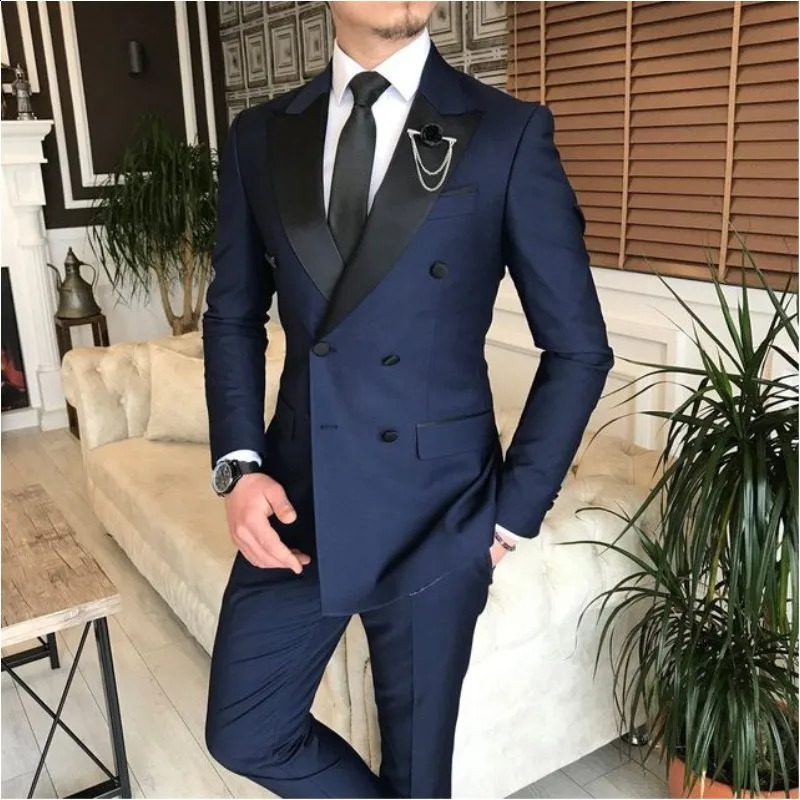Business Black Peaked Lapel Men Suits 2 Pieces High Quality Masculino Slim Fit Groom Wedding Blazers Daily Wear JacketPants 250603