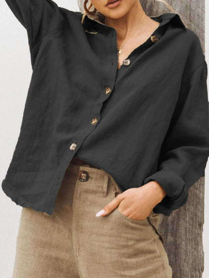 Autumn Winter Fashion Turn-Down Collar Long Sleeve Cotton Linen Loose Women's Shirt B5