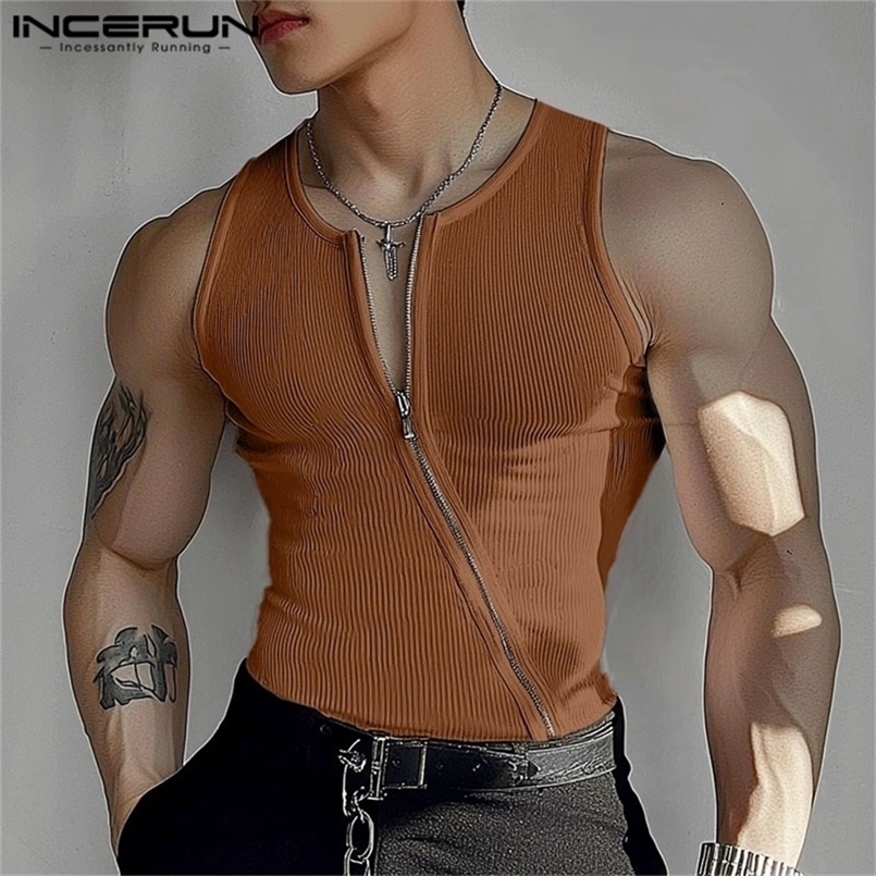 Men Tank Tops Solid Color Knitted Zipper Sleeveless Male Vests Summer Streetwear Skinny Fashion Men Clothing S-3XL INCERUN 250519CJ