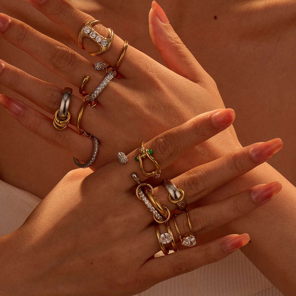 Multi-layer Stacking Metal Texture INS Style Fashion Stainless Steel Gold-plated Personality Rings