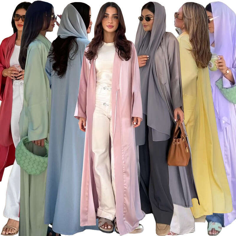 Mq122 Muslim Fashion Satin Soft Dress Open Front Outerwear Abaya Solid Color B5