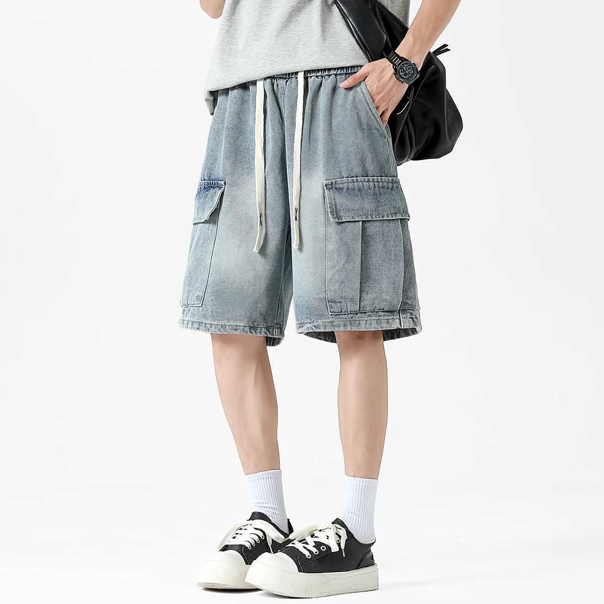 Mens Oversized Denim Shorts Korean Summer Elastic Waist Fashion Baggy Knee-length Cargo Shorts Streetwear Casual Short Jeans T250603