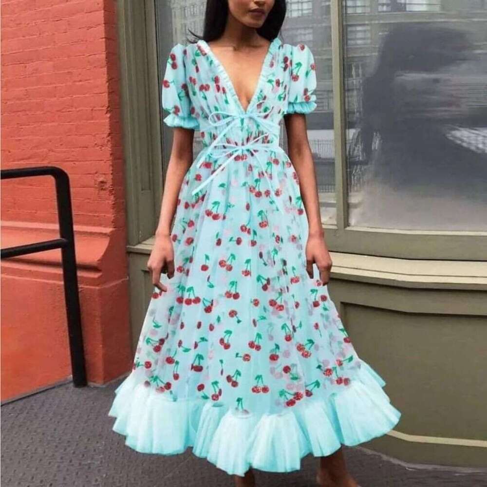 French Style Strawberry Four-Color Sequin Sweet Long Mesh Tie Slim Fashion Dress B5