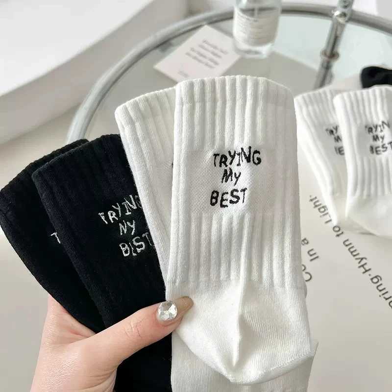 Women Crew Socks New Spring Summer Japanese Style Letter Embroidery Sports Socks Womens Breathable Girls White Socks T250602
