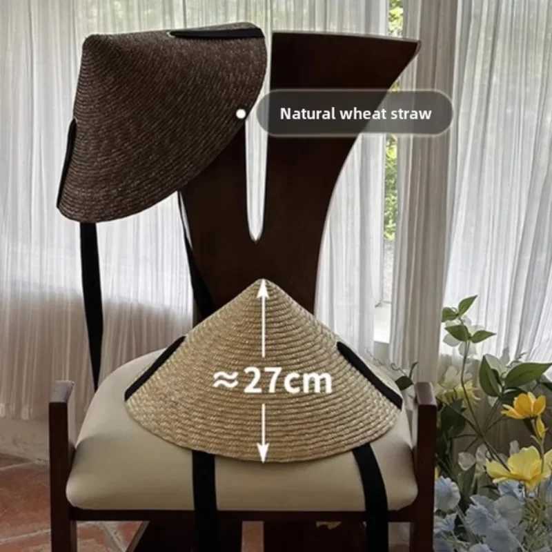 French The Pointed Top Natural Wheat Straw Sun Hats Womens Retro Pastoral Straw Hat Seaside Vacation Lace-up Big Brim Beach Hat W250602