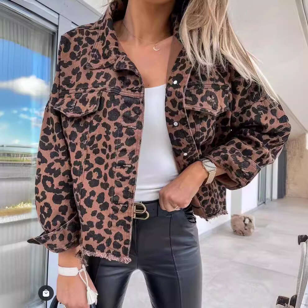 Trendy Washed Vintage Leopard Print Frayed Denim Jacket For Women B5
