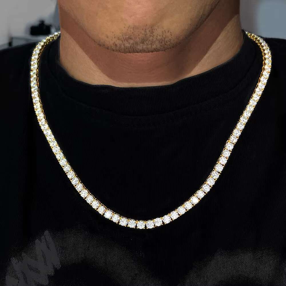 Custom 18k Gold Plated Iced Out Tennis Chain 925 Sterling Silver 3mm Moissanite Tennis Chain Hip Hop Necklaces Vvs Moissanite