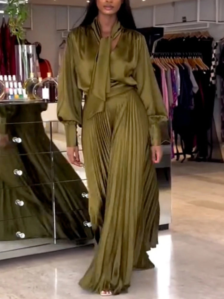 Two Piece Sets Women Outfits V Neck Lace Up Long Lantern Sleeve Tops Wide Leg Pleated Trousers Streetwear Party Causal Pant Sets 250530