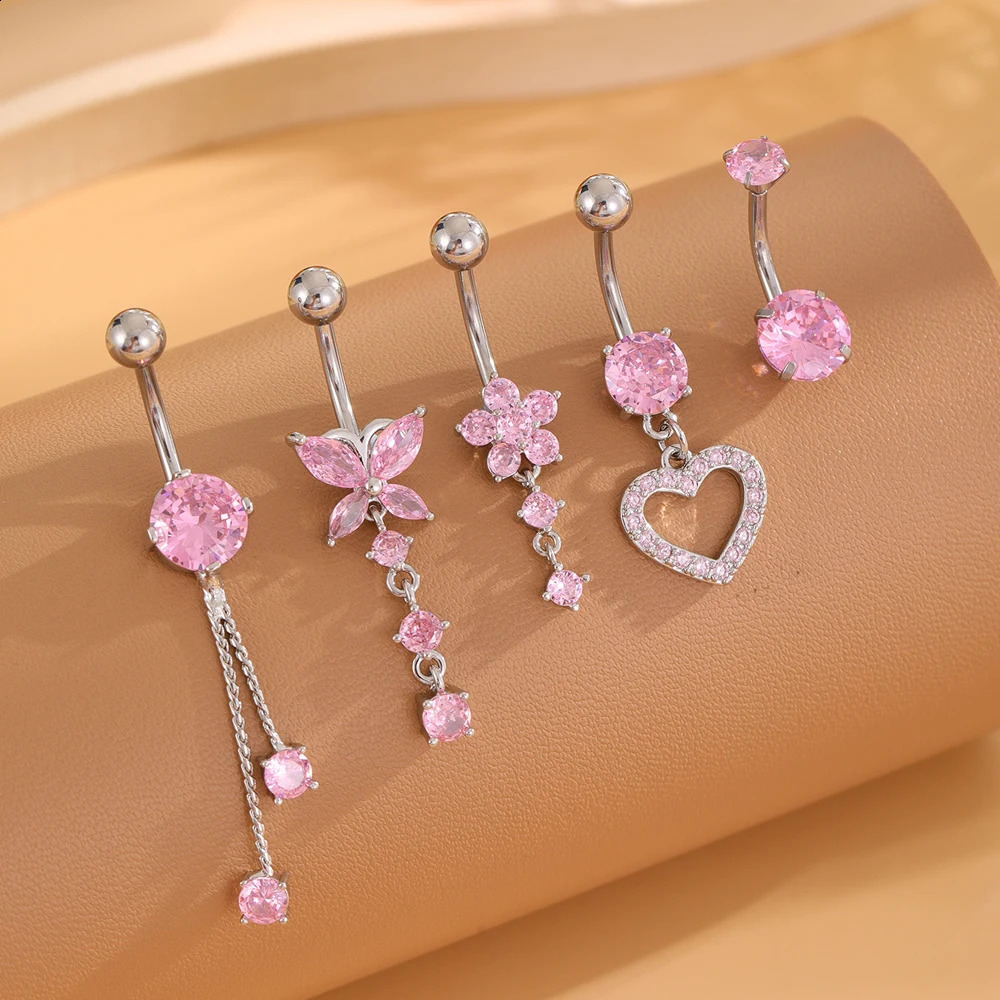 5pcs Pink Zircon Belly Button Ring Sets 14G Curved Tassel Chain Dangled Belly Piercing nombril Jewelry for Women Sexy Navel Ring 250530