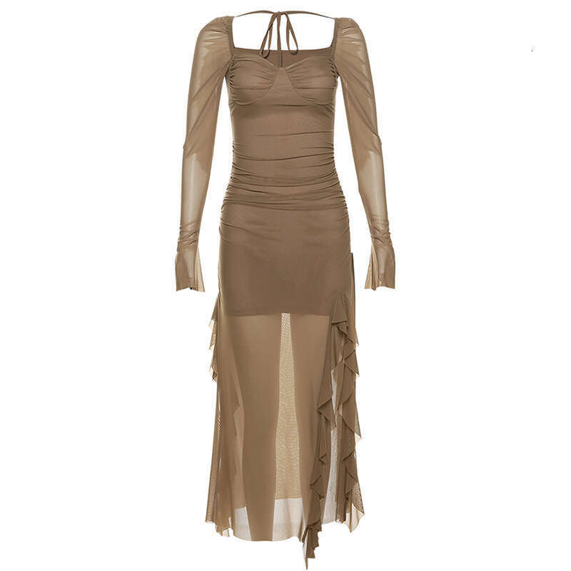 Autumn Winter New Women's Mesh Ruffle Niche Design Long Sleeve Square Neck Dress B5
