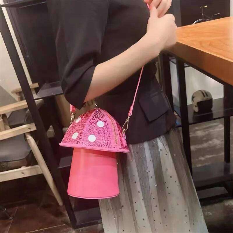 Glitter Shiny Dias Mushroom Shape Women Handbag Textured Leather Shoulder Messenger Lady Purse Female Evening Bag