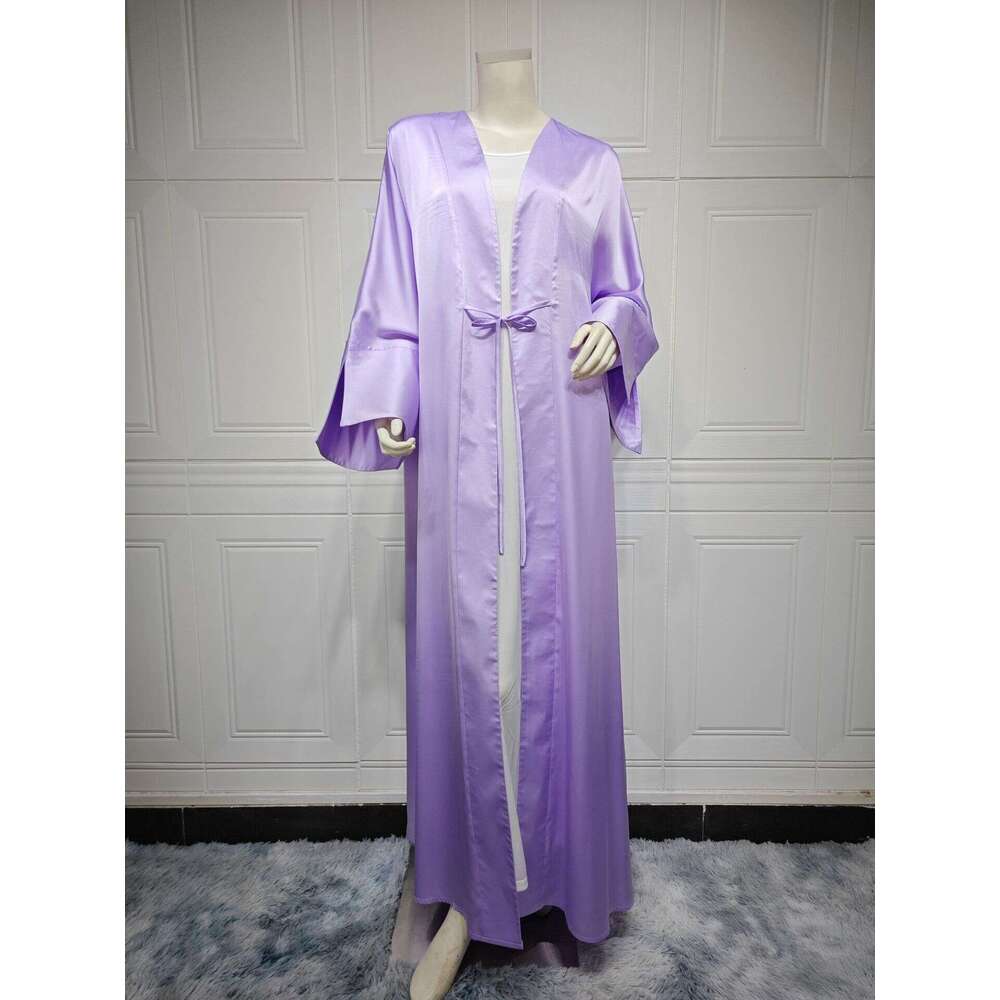 Mq122 Muslim Fashion Satin Soft Dress Open Front Outerwear Abaya Solid Color B5