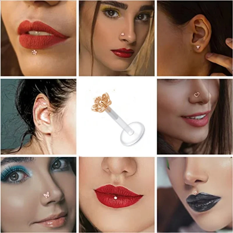 5PCS 16g Lip Rings Stainless Steel Labret Monroe Lip Rings Nail Tragus Helix Earrings Studs Ring Medusa Piercing Jewelry 8mm 250530