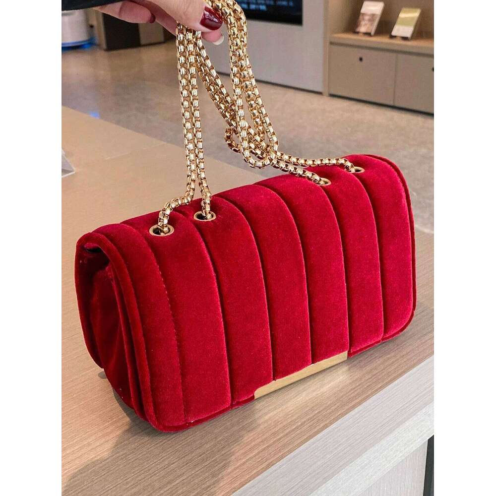 Neon Red Flap Square Velor Leather Fashionable Dating Gift Shoulder & Crossbody Bag With Chain Strap For Women