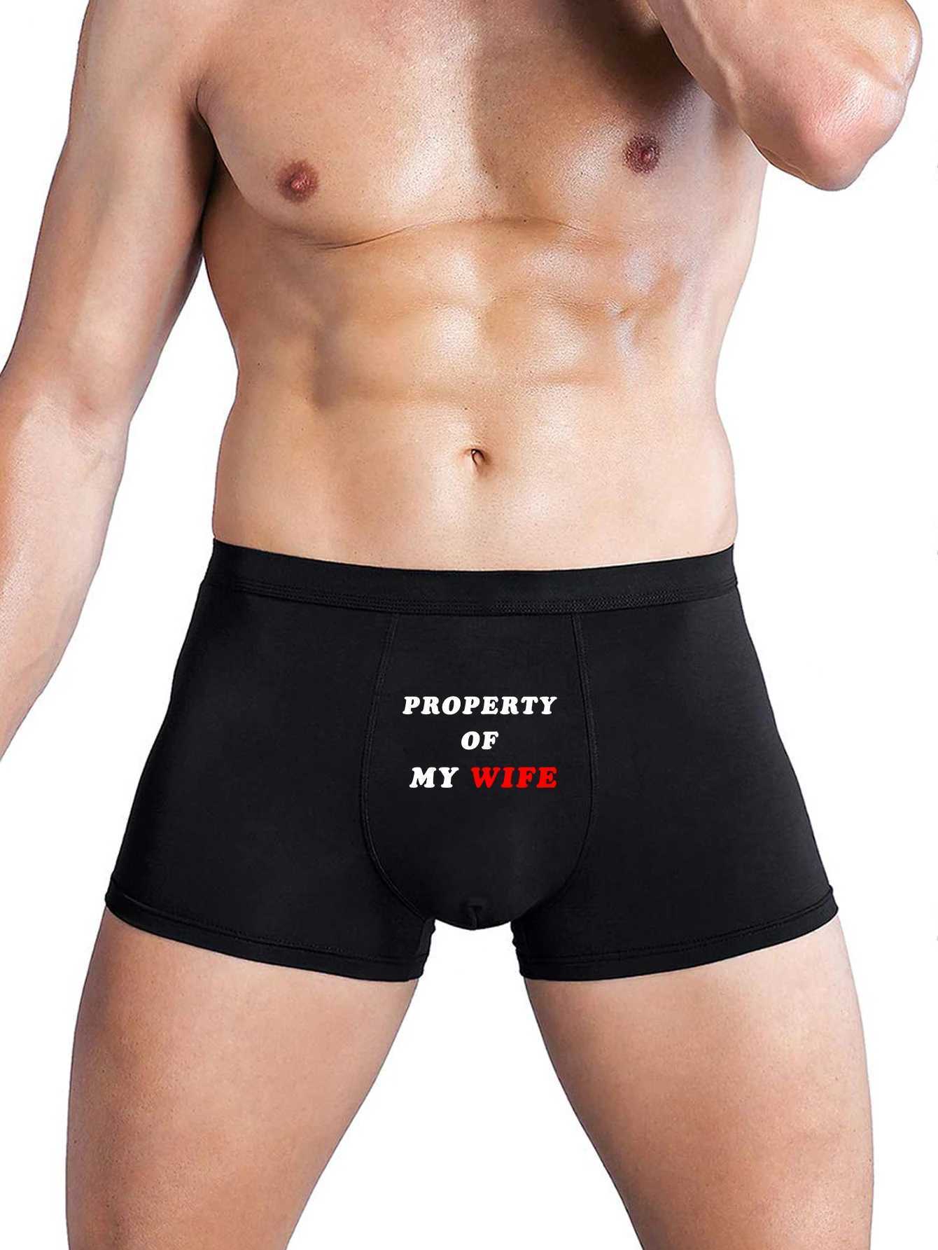 Mens Funny Letter Print Boxer Briefs PROPERTY OF MY WIFE Breathable Boxer Shorts in M/L/XL W250603