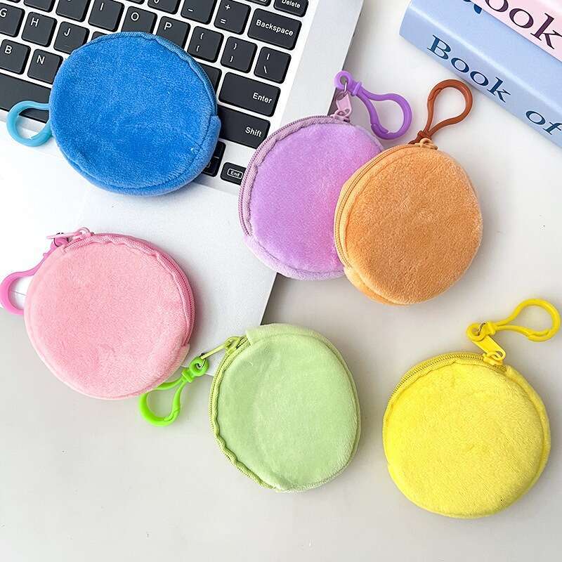 Cute Wallet ID Card Holder Keychain Simple Gift Candy Color Plush Round Women's Coin Purse