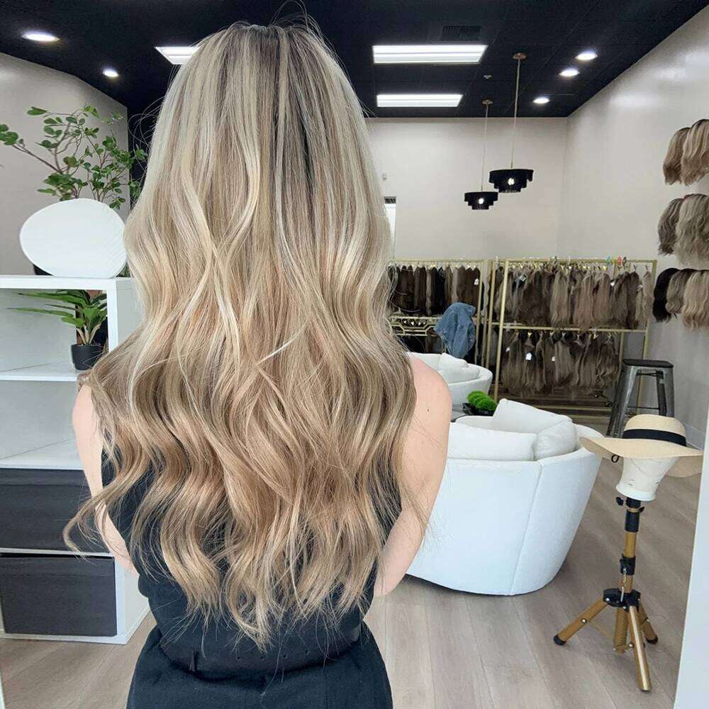 Baby Blonde Balayage Rooty Wavy Classic Long Hairstyle Human Hair Blend HD Invisible Lace Front 13x4 Free Part 26" Wig