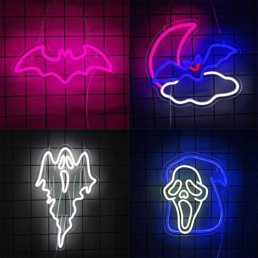 Halloween Bat LED Neon Sign Ghost Light Up Signs for Wall Decor Hanging Neon Lights for Home Bar Coffee Stores Window Decor XJ250602