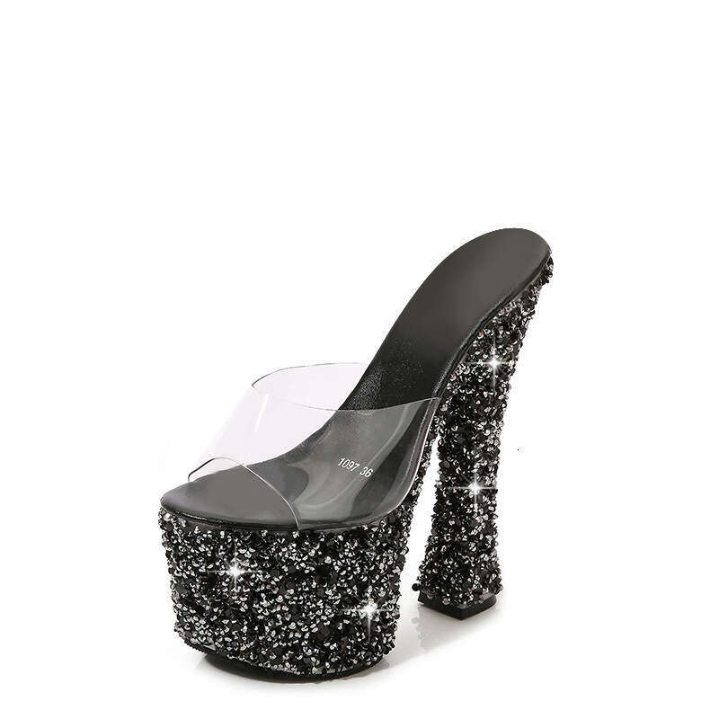 Super High Heels Hentian High Nightclub Chunky Heels 14Cm 18Cm Car Slippers Gold Powder Rhinestone Women's Catwalk Pole Dancing Shoes Platform Hi