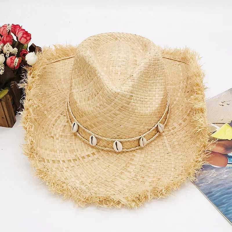 Fringed Wide Brim Straw Hat with Shell Band Panama Hat Cowboy Cowgirl Hat for Men Women Sun Hat Western Style Outdoor Beach Hat W250602