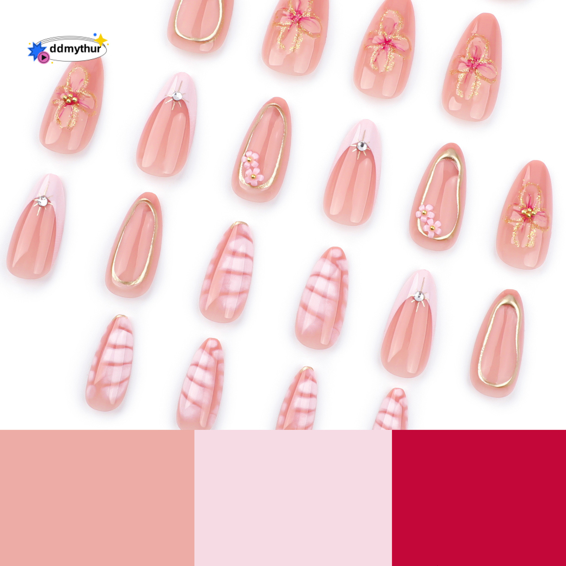 New Pink French Crocodile Pattern Art Detachable Nail Tips Glitter 3D Flower Fake Gold Foil Wearable Nails ddmythur