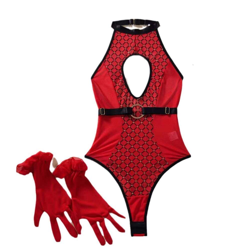 Spell Lingerie Porn Suits New Style Quilted Print Mesh Patchwork Hollow Out Halter Neck Sexy Lingerie With Gloves Sexy Lingerie