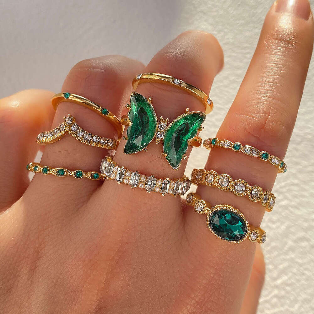 Creative Personality Emerald Butterfly Open Metal Style Stackable Knuckle Ring Set of 9