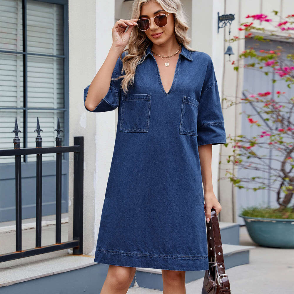 Plus Size Dresses Sexy Vestido De Mujer Luxury Dress Dress Robe Womens Spring and Summer New Washed V-neck Loose Short Sleeved Dress Mid Length Skirt