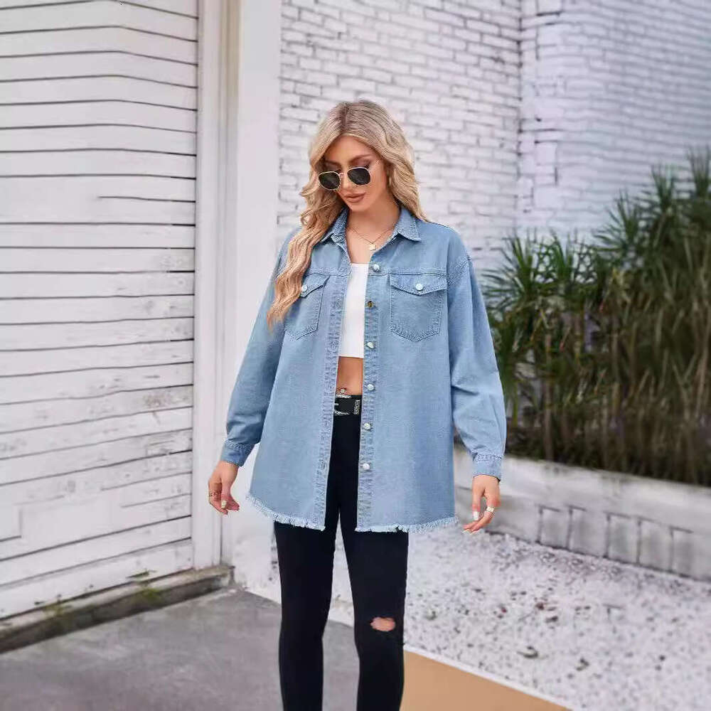 Washed Casual Solid Color Mid-Length Long Sleeve Pocket Denim Jacket For Women B5