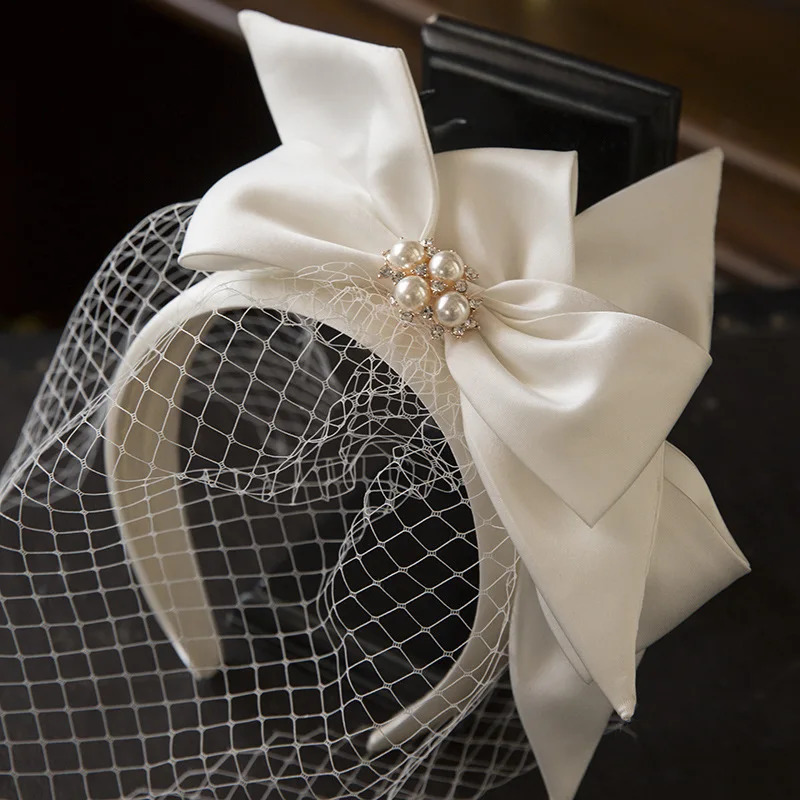 White bridal hairband Mesh Satin Bow Headband Vintage Fairy Bridal Wedding hair Accessory 250530
