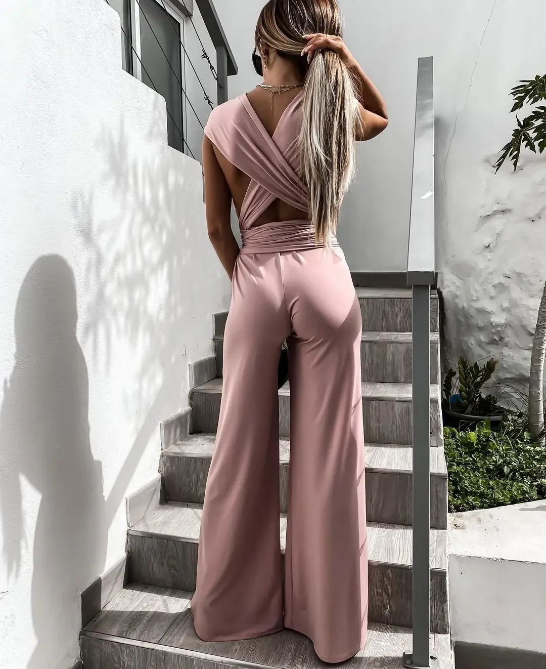 Backless Fashion Casual Streetwear Wide Leg Overall Hollow Out Sleeveless Solid Bandage Rompers Sexy Jumpsuits Women Summer 250603