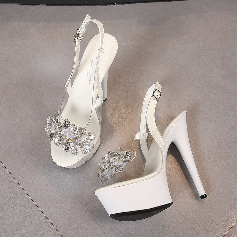 Super High Heels Rhinestone Peep Toe Shoes Nightclub Stiletto High Heels 13Cm Transparent Open Back Sandals Women's Catwalk Steel Tube Stage Plat