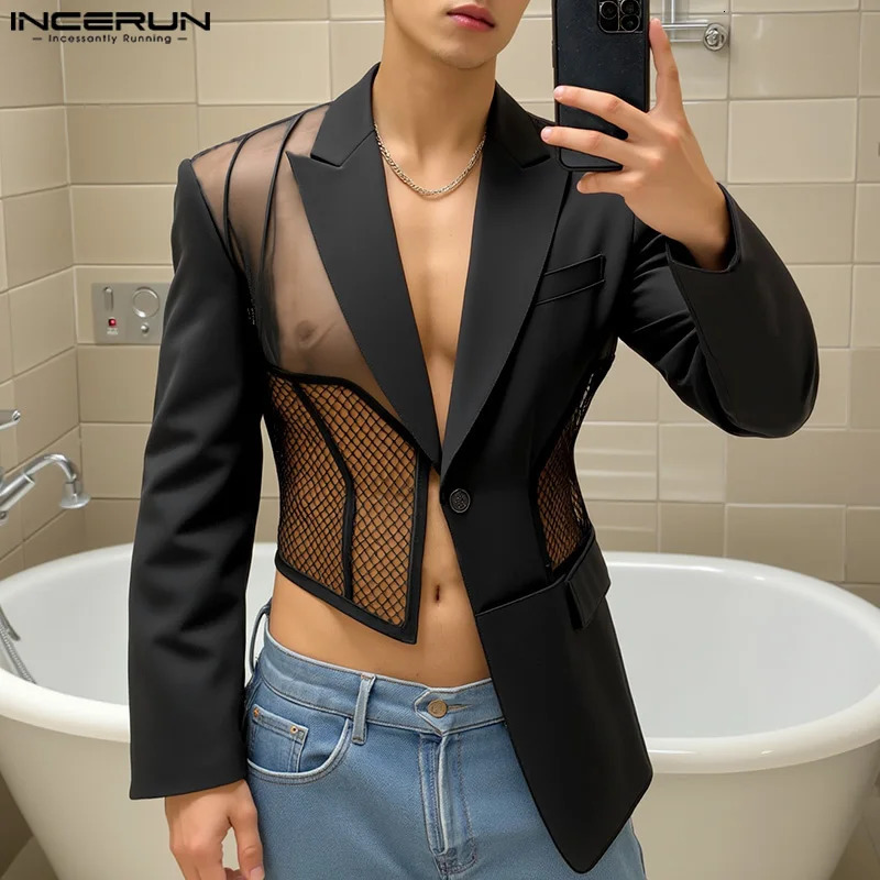 Sexy Stylish Tops INCERUN Men Thin Mesh Deconstruction Suit Coat Male Casual Irregular Hem Long Sleeve Blazer 250603