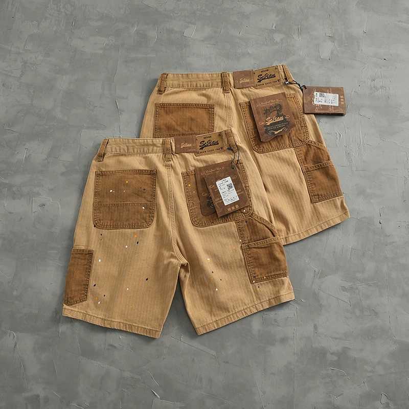 Personality spray paint to do old cargo shorts mens American casual color patchwork fishbone nail loose straight mid-leg pants T250603