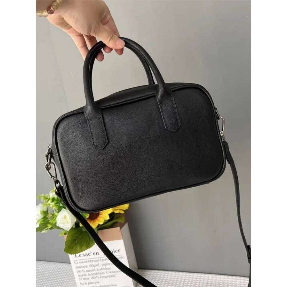 Solid Color Vintage Casual Boston Women Tote Handbag Cowskin Genuine Leather Single Shoulder Female Zipper Messenger Bag