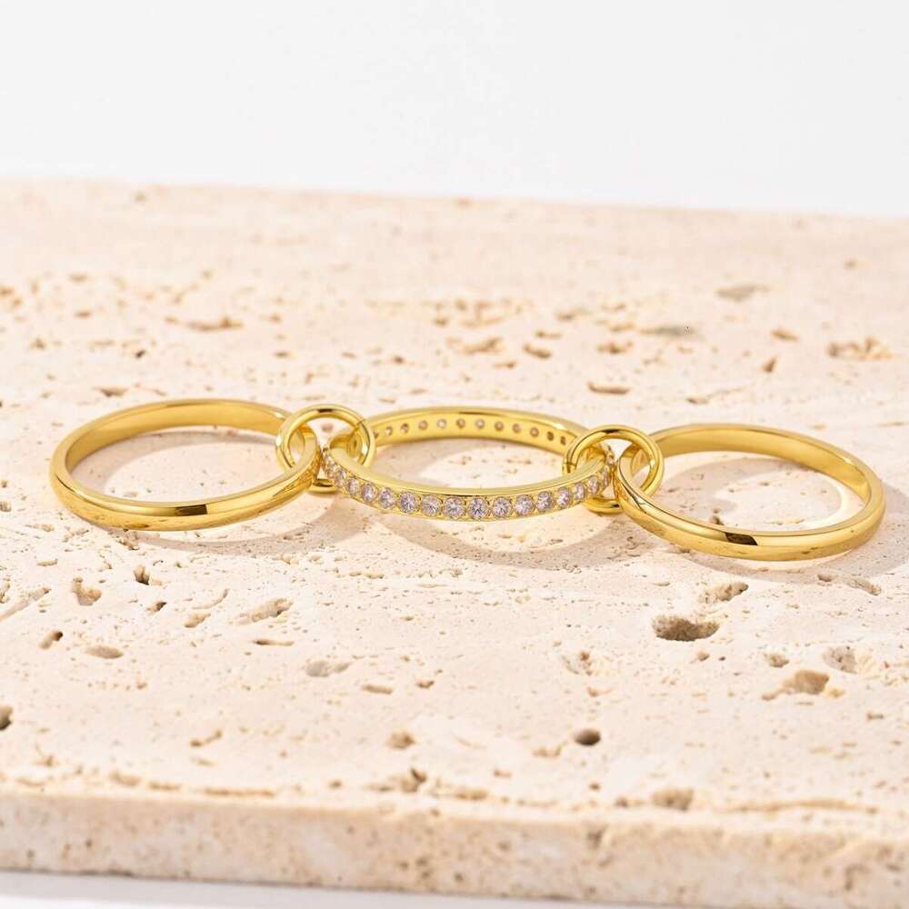 gold threering inlaid diamond zircon interlocking stacking rings highquality handpolished
