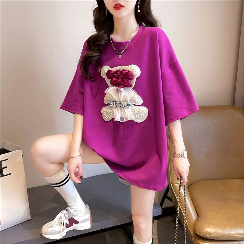 2025 new spring and summer T-shirt, sweet and thick bead embellishment, pure cotton women's short sleeved T-shirt, summer new loose designer mid 