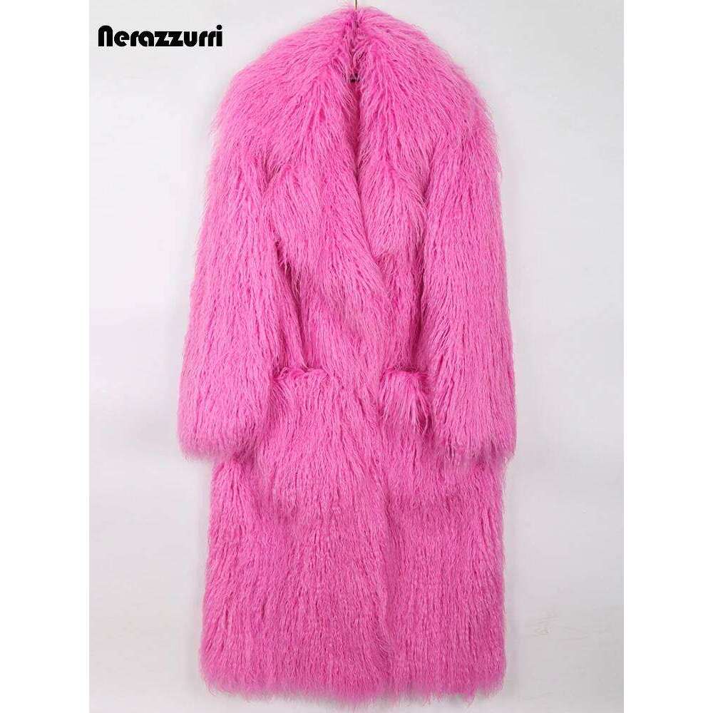 Nerazzurri Winter Long Bright Pink Oversized Shaggy Hairy Soft Fluffy Thick Warm Faux Fur Coat Women Lapel Runway Cute Fashion